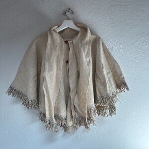 Vintage 90s Artilana Womens Wool Cape Poncho Wrap Jacket Cream Fringe Trim Woven
